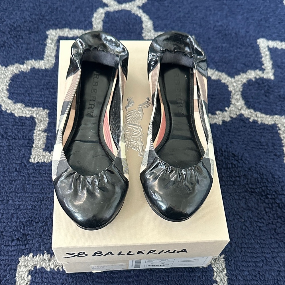 Burberry Black Patent & Beige Check Ballet Flats